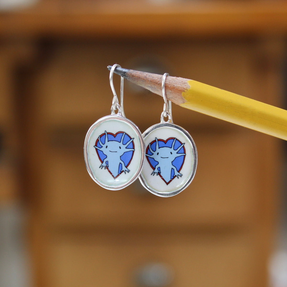 Blue Axolotl Earrings in Sterling Silver and Vitreous Enamel