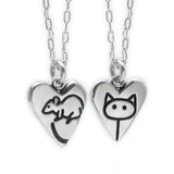 Sterling Silver Reversible Cat and Mouse Heart-Shaped Necklace - Rat Charm