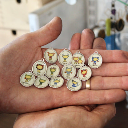 Sterling Silver and Vitreous Enamel Zodiac Necklaces in a Cat-like Style