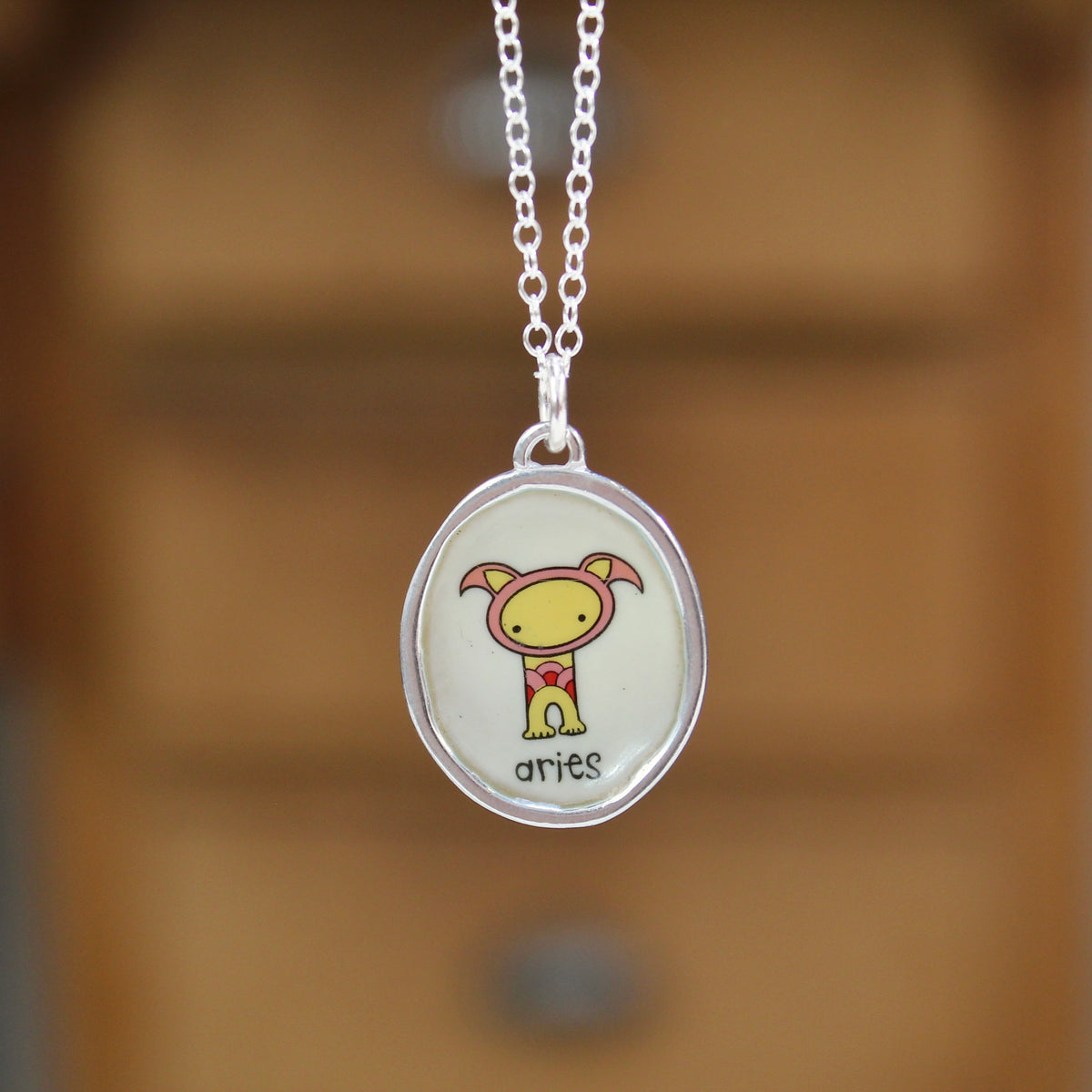 Sterling Silver and Vitreous Enamel Zodiac Necklaces in a Cat-like Style