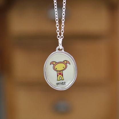 Sterling Silver and Vitreous Enamel Zodiac Necklaces in a Cat-like Style