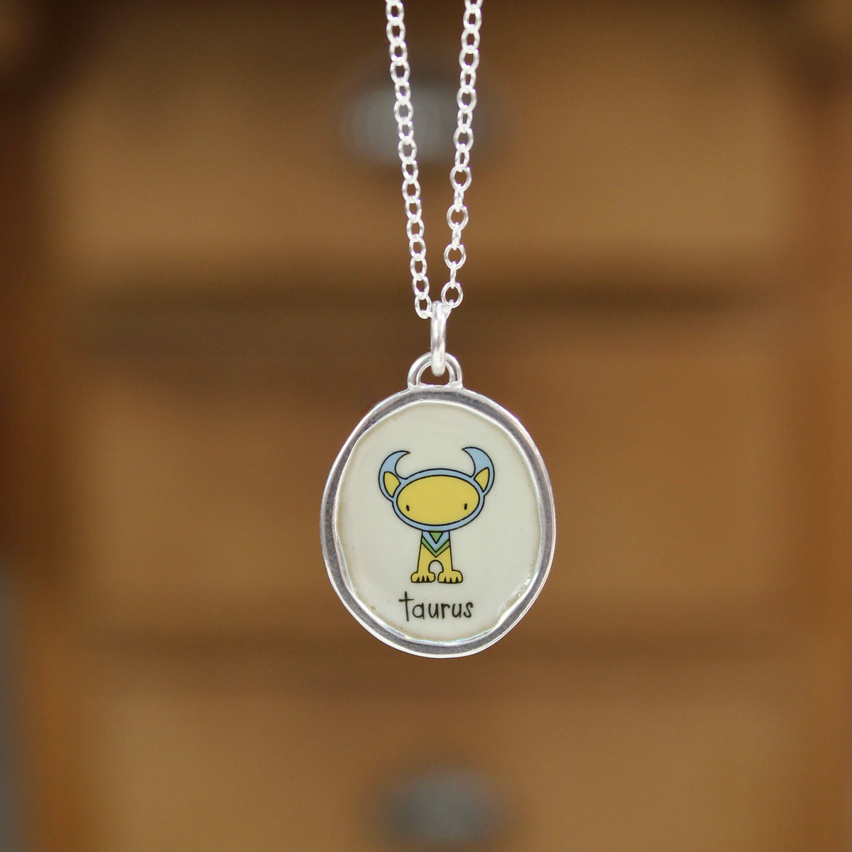Sterling Silver and Vitreous Enamel Zodiac Necklaces in a Cat-like Style