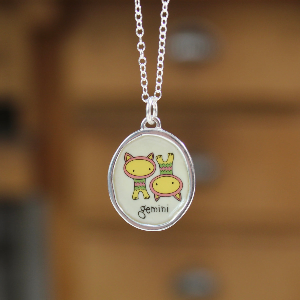 Sterling Silver and Vitreous Enamel Zodiac Necklaces in a Cat-like Style
