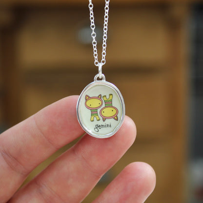 Sterling Silver and Vitreous Enamel Zodiac Necklaces in a Cat-like Style