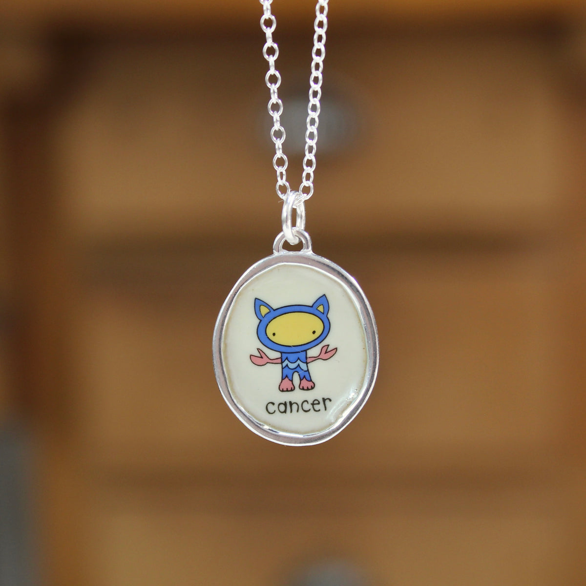 Sterling Silver and Vitreous Enamel Zodiac Necklaces in a Cat-like Style