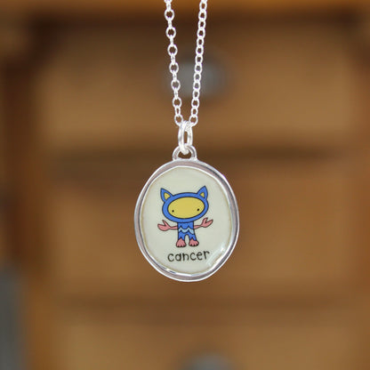 Sterling Silver and Vitreous Enamel Zodiac Necklaces in a Cat-like Style