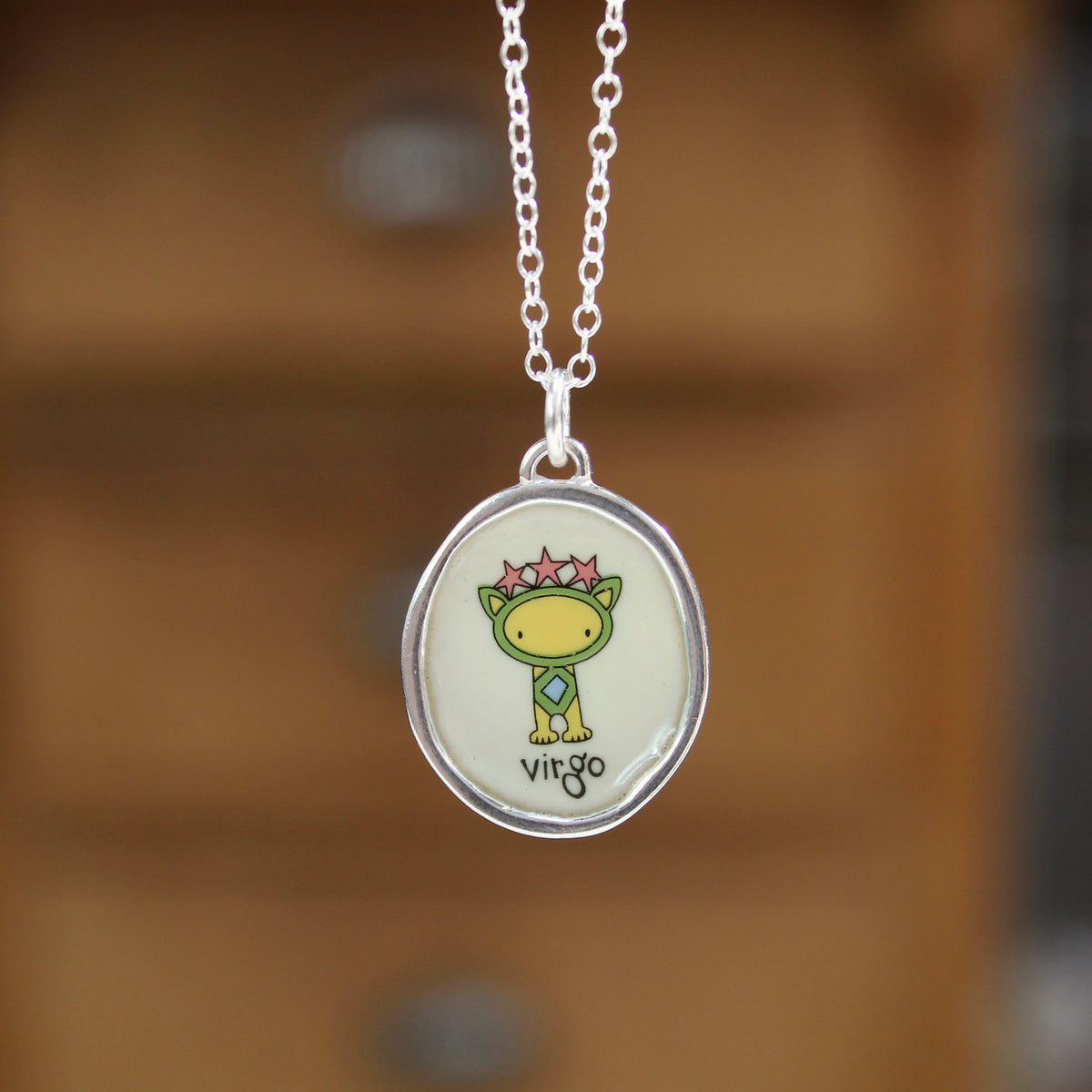 Sterling Silver and Vitreous Enamel Zodiac Necklaces in a Cat-like Style