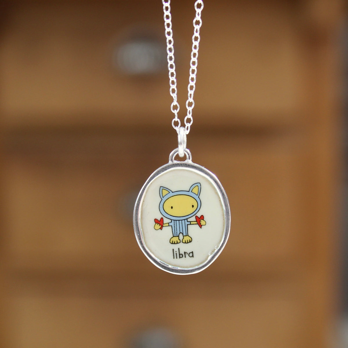 Sterling Silver and Vitreous Enamel Zodiac Necklaces in a Cat-like Style