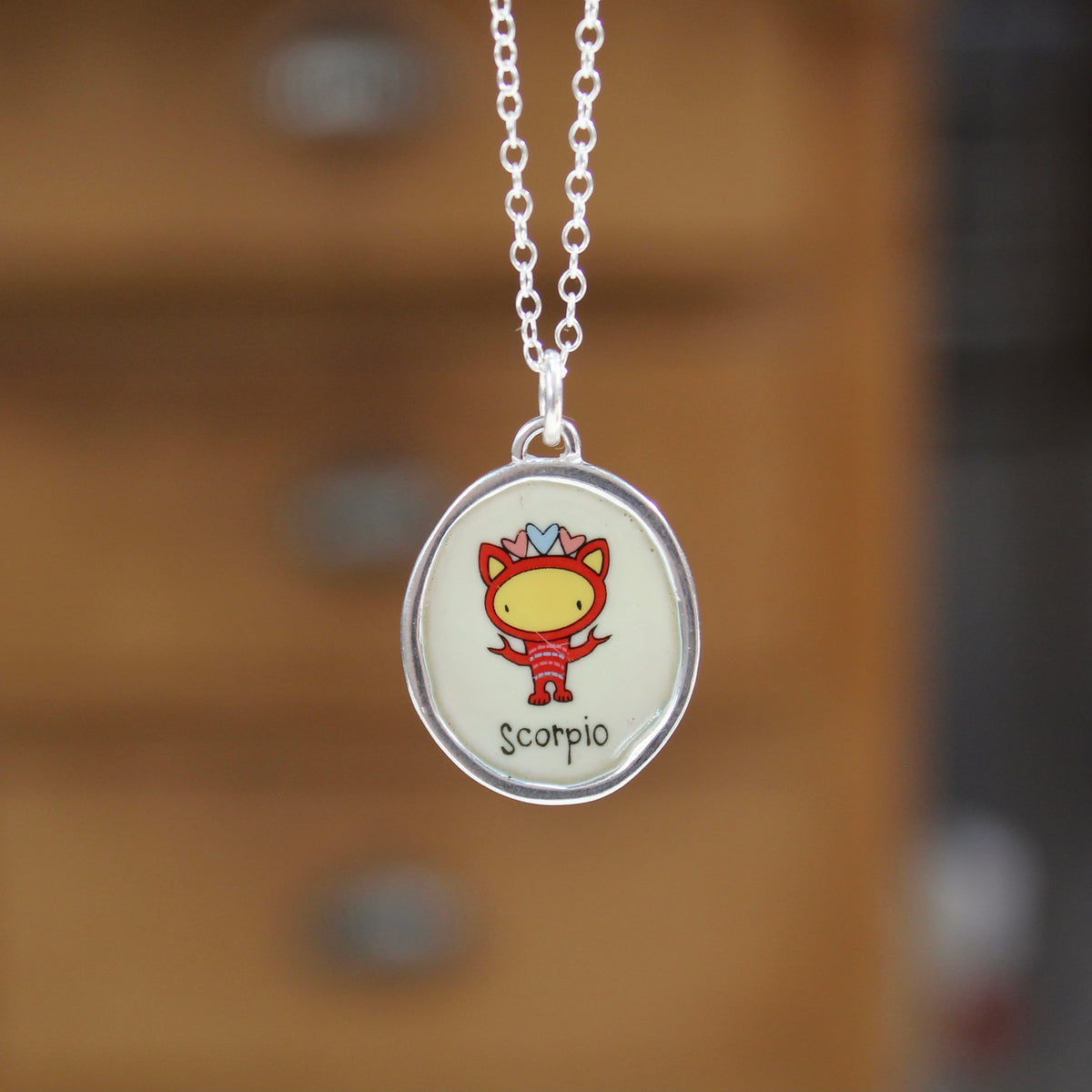 Sterling Silver and Vitreous Enamel Zodiac Necklaces in a Cat-like Style