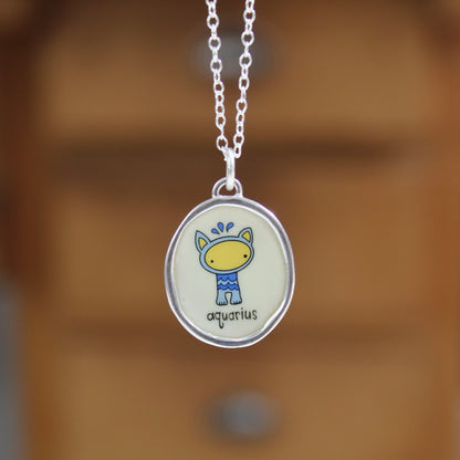 Sterling Silver and Vitreous Enamel Zodiac Necklaces in a Cat-like Style
