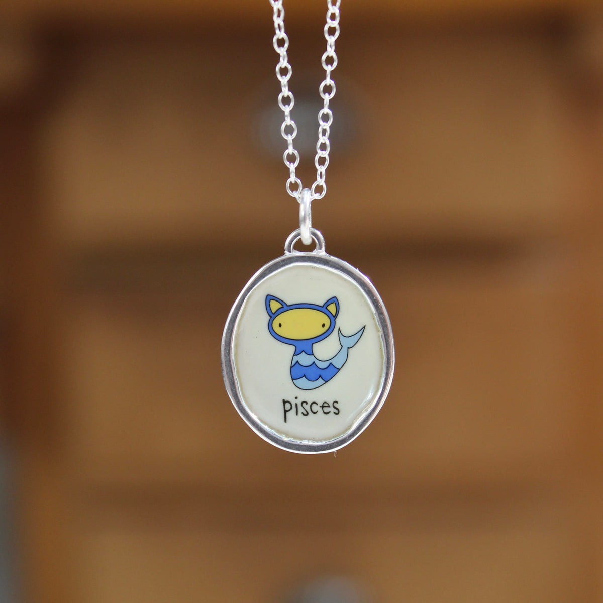 Sterling Silver and Vitreous Enamel Zodiac Necklaces in a Cat-like Style