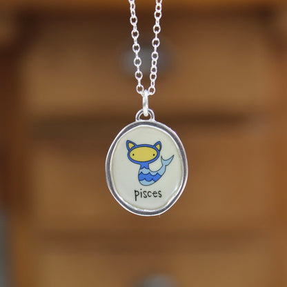 Sterling Silver and Vitreous Enamel Zodiac Necklaces in a Cat-like Style