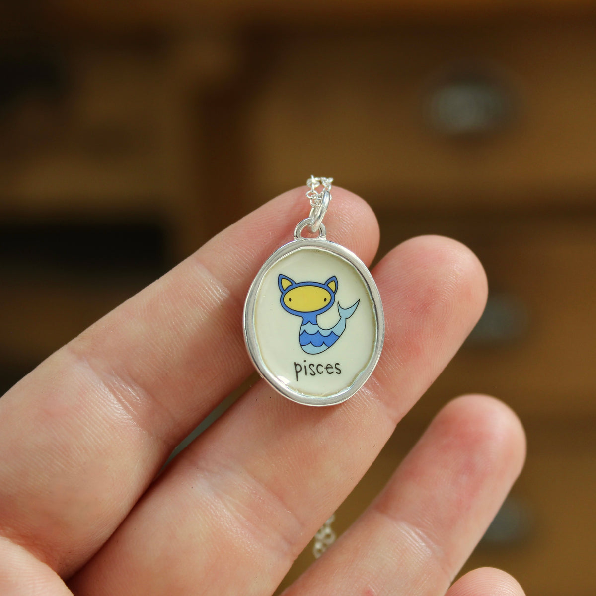 Sterling Silver and Vitreous Enamel Zodiac Necklaces in a Cat-like Style