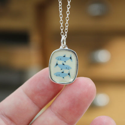 Three Sharks Pendant Necklace in Sterling Silver and Enamel