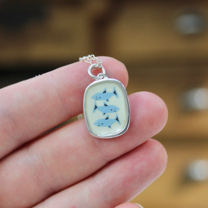 Three Sharks Pendant Necklace in Sterling Silver and Enamel