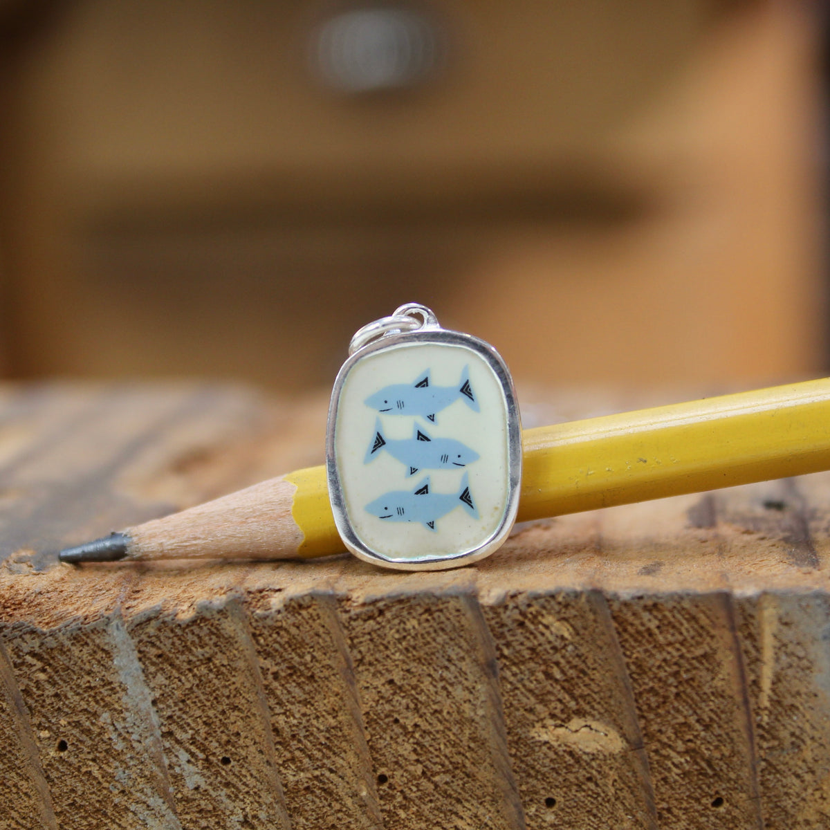 Three Sharks Pendant Necklace in Sterling Silver and Enamel