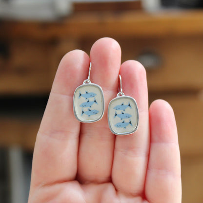 Three Sharks Dangle Earrings in Sterling Silver and Enamel