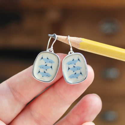 Three Sharks Dangle Earrings in Sterling Silver and Enamel