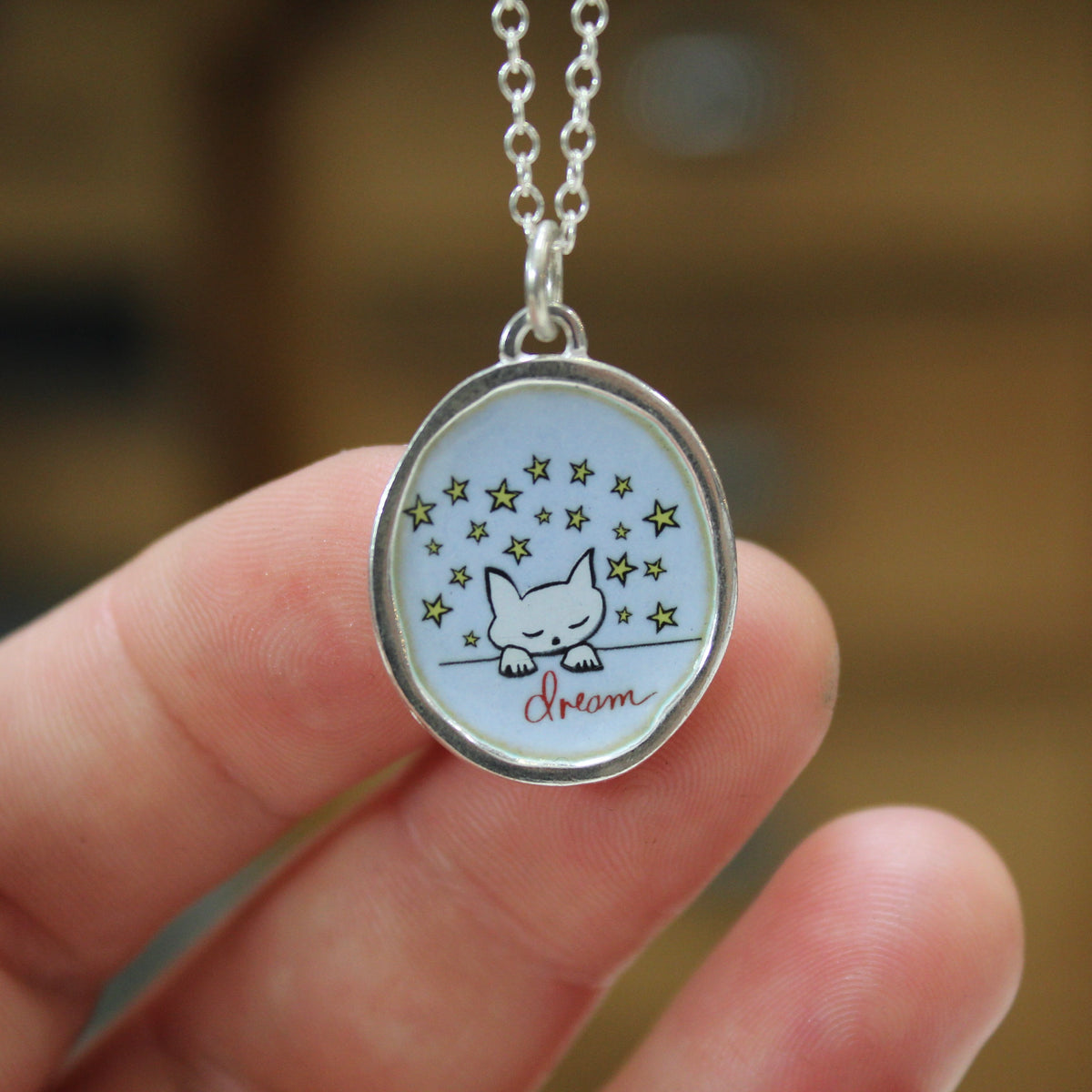 Dream Cat Pendant Necklace in Sterling Silver and Enamel