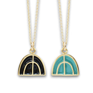 Gold Plated Half Dome Pendant - Reversible Black and Spruce - On Gold Filled Chain