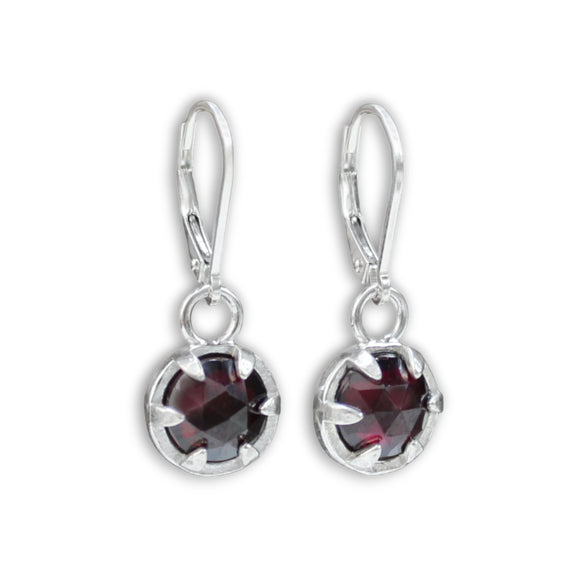 Rose Cut Garnet Earrings - Prong Set Sterling Silver Red Gemstone Dangle Earrings - Lever Backs