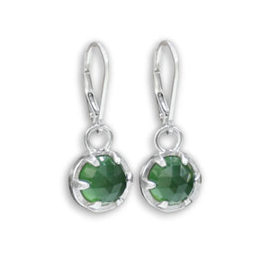 Serpentine Earrings - Prong Set Rose Cut Sterling Silver Gemstone Dangle Earrings - Green Lever Backs