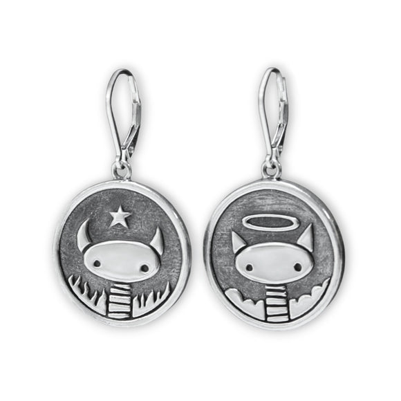 Sterling Silver Good Cat vs Bad Cat Earring - Cat Jewelry - Reversible Dangle- Angel Cat Devil Cat Charm