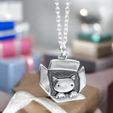 Sterling Silver Gift Cat Charm Necklace on Adjustable Chain - Cat In A Box Jewelry Pendant