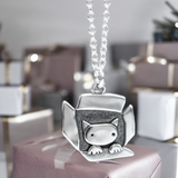 Sterling Silver Gift Cat Charm Necklace on Adjustable Chain - Cat In A Box Jewelry Pendant