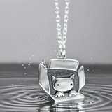 Sterling Silver Gift Cat Charm Necklace on Adjustable Chain - Cat In A Box Jewelry Pendant