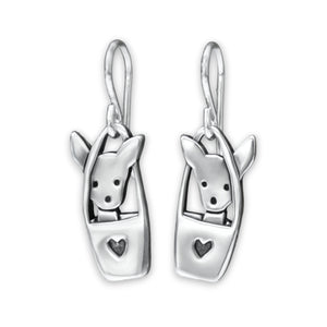 Mark Poulin Dog in a Bag Dangles, Sterling Silver Tote Dog Earrings, Dog Basket Charm Jewelry