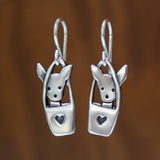 Mark Poulin Dog in a Bag Dangles, Sterling Silver Tote Dog Earrings, Dog Basket Charm Jewelry