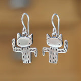 Sterling Silver Dancing Cactus Cat Earrings - Funny and Adorable Saguro Kitty Gift for Her - Cat Charm Dangle