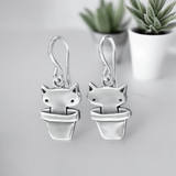 Tiny Plant Cat Earrings - Sterling Silver Terra-Cata Charm Earrings - Adorable Gift for Cat and House Plant Person