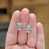 Tiny Plant Cat Earrings - Sterling Silver Terra-Cata Charm Earrings - Adorable Gift for Cat and House Plant Person