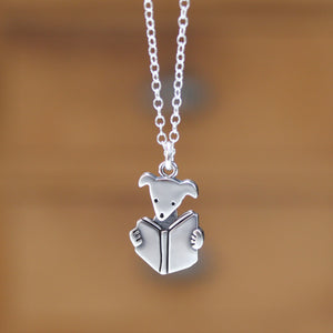 Book Dog Necklace - Sterling Silver Reading Dog - Smart Dog Charm on Adjustable Sterling Chain