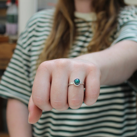 Rose Cut Emerald Ring Bezel Set in Sterling Silver - Great for Stacking or Pairing