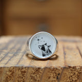 Signet Ring - Stargazing Raccoon for Men and Women - Vitreous Enamel and Sterling Silver Sizes 5 through 12 - Raccoon Gift