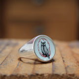 Signet Ring - Tattoo Style Owl Ring for Men and Women - Vitreous Enamel and Sterling Silver sizes 5 through 12