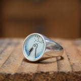 Signet Ring - Stargazing Rabbit Magical Ring for Men and Women - Vitreous Enamel and Sterling Silver sizes 5 through 12 Star and Moon Ring