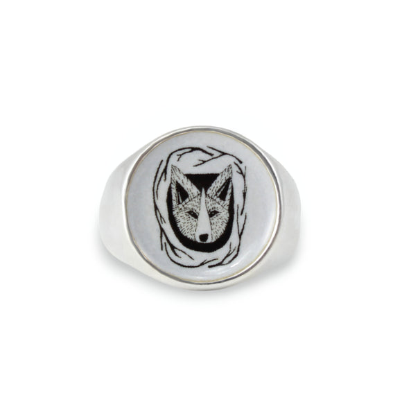 Signet Ring - Tattoo Style Wolf Ring for Men and Women - Vitreous Enamel and Sterling Silver - Coyote Dingo Dog Fox Dire Wolf Fenrir