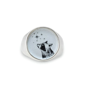 Signet Ring - Stargazing Raccoon for Men and Women - Vitreous Enamel and Sterling Silver Sizes 5 through 12 - Raccoon Gift