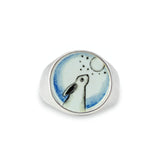 Signet Ring - Stargazing Rabbit Magical Ring for Men and Women - Vitreous Enamel and Sterling Silver sizes 5 through 12 Star and Moon Ring