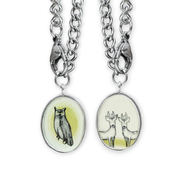 Mens Reversible Owl and Buck Pendant on Stainless Steel Curb Chain - Gift for Friends Partners Stags Bachelors Hunters