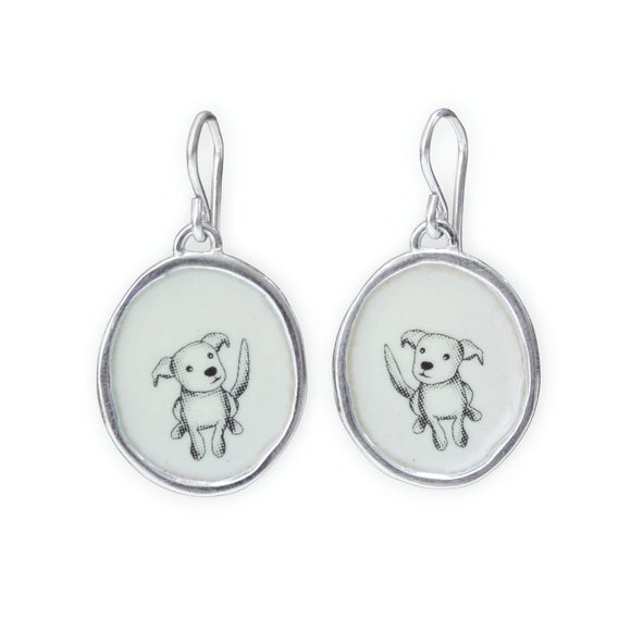 Puppy Earrings - Vitreous Enamel and Sterling Silver Dangle Earrings - Gift for Dog Person