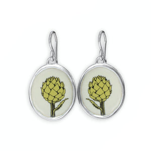 Artichoke Earrings - Vitreous Enamel and Sterling Silver Dangle Earrings - Gift for Chef Cook Gardner Farmer Artist