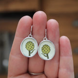 Artichoke Earrings - Vitreous Enamel and Sterling Silver Dangle Earrings - Gift for Chef Cook Gardner Farmer Artist