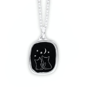 Black Star Cat Necklace - Sterling Silver and Vitreous Enamel Kitty Pendant on Adjustable Sterling Chain - Stargazing Cats Gift