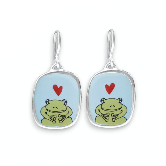 Frog Earrings - Sterling Silver and Vitreous Enamel Dangle Earrings - Gift for Frog Lover