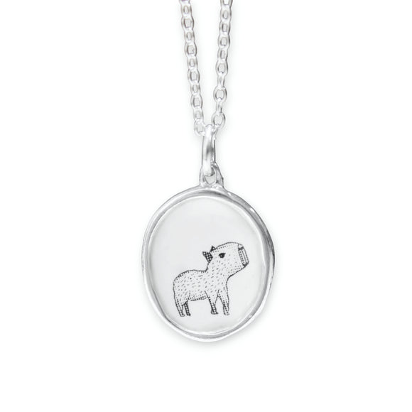 Capybara Necklace - Pendant on Adjustable Chain made with Sterling Silver and Vitreous Enamel